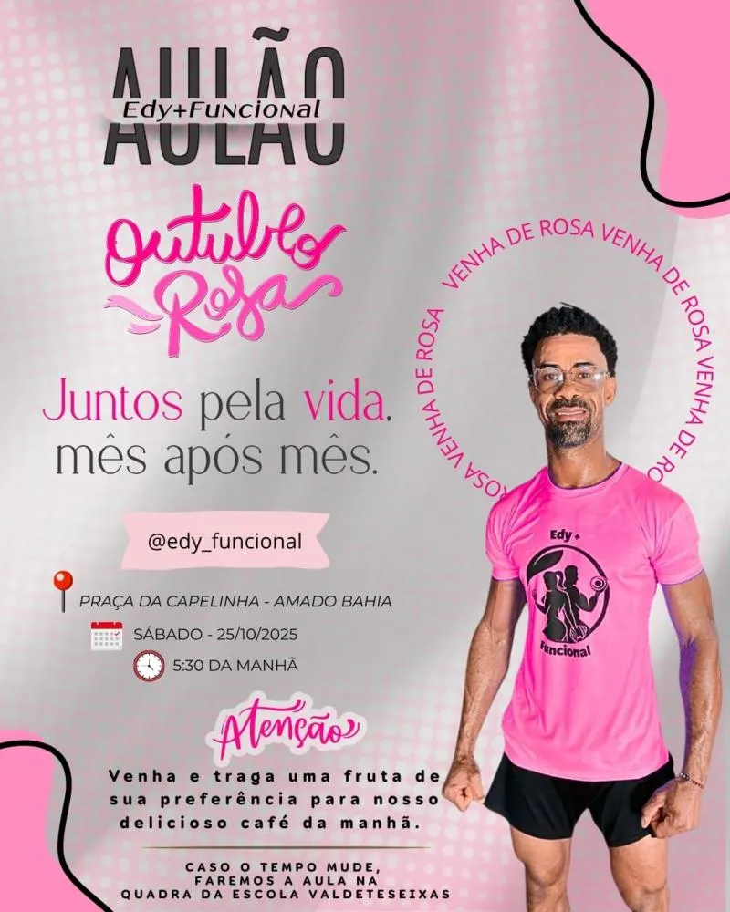 Professor Edy Santos lidera aulão funcional em apoio ao Outubro Rosa