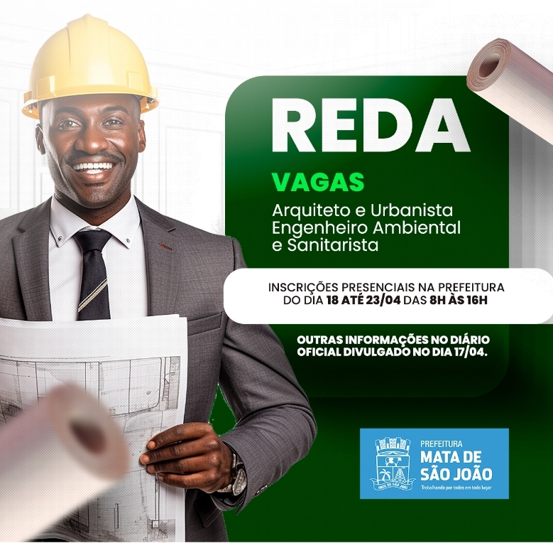 Vaga de Emprego: Prefeitura de Mata de São João abre seleção para contratação de Arquiteto e Engenheiro Ambiental e Sanitarista