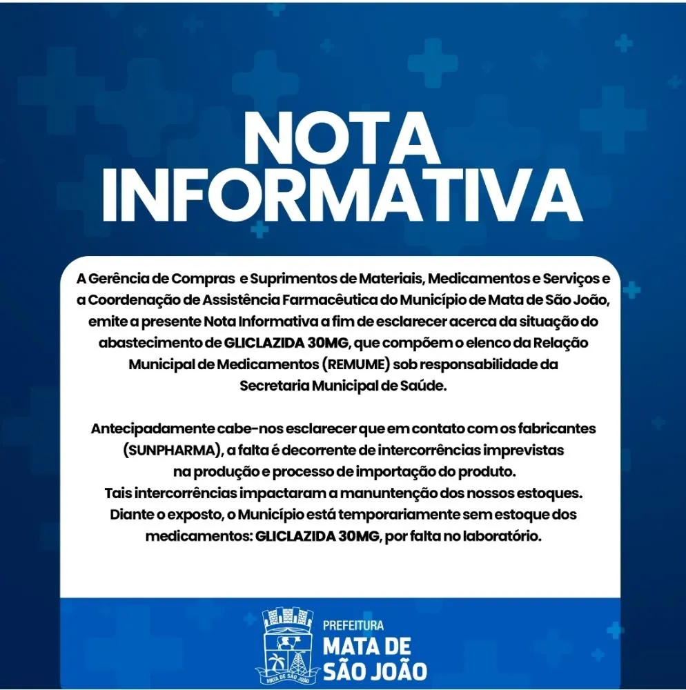 Abastecimento de Gliclazida 30mg em Mata de São João