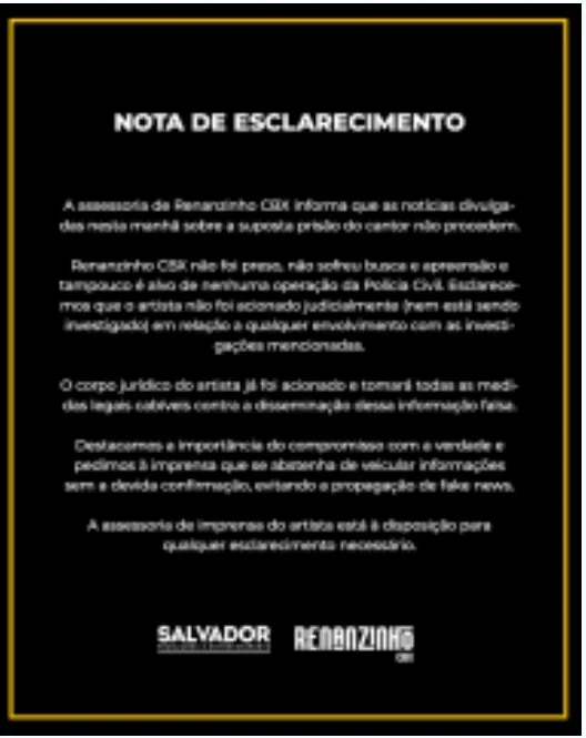 Assessoria do cantor Renanzinho CBX, emite nota