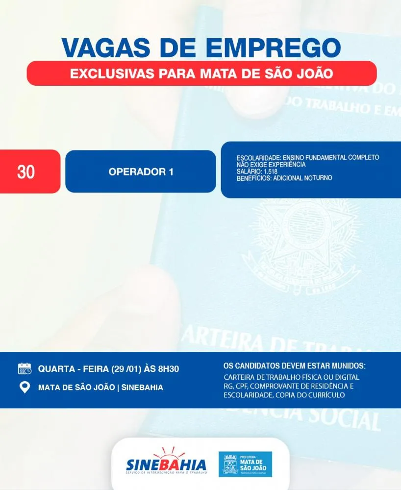 SineBahia oferece 30 novas vagas de operador em Mata de São João